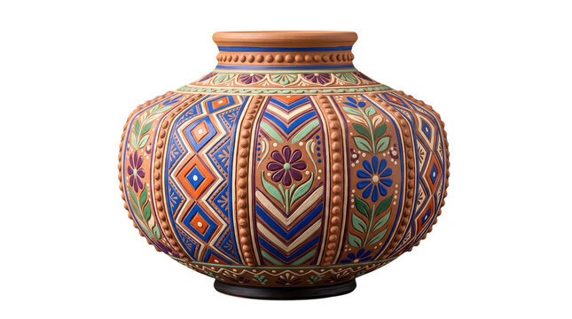 Decorative clay pot with vibrant floral patterns and geometric designs isolated on transparent background