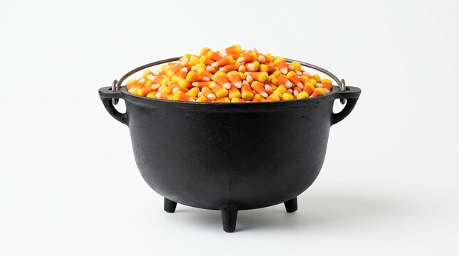 Black cast iron cauldron filled with candy corn on a white background