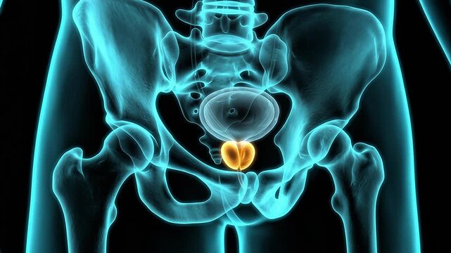 3D medical animation showing the male prostate gland and bladder within a transparent pelvis on a black background