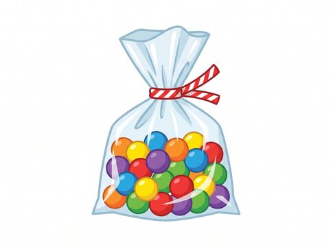 Vector illustration of colorful round candies in a plastic snack bag with a tie, vector isolated on white