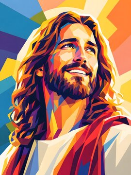 Beautiful Smiling Jesus Christ Unique Portrait, Christian Religious Art and Spiritual Faith