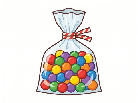 Vector illustration of colorful round candies in a plastic snack bag with a tie, vector isolated on white
