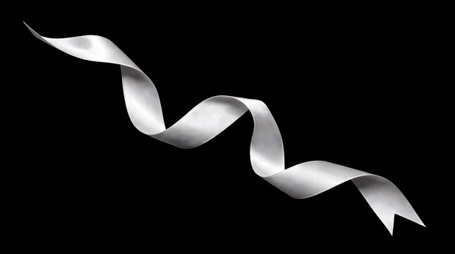 Elegant silver silk ribbon with wavy curves isolated on black background