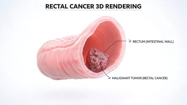 Cutaway 3D medical rendering of rectal cancer, labelled cross-section view of rectal wall and malignant tumour