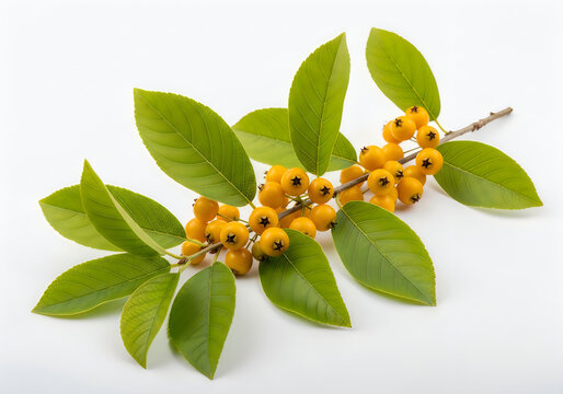 Branch of Ripe Yellow Firethorn Berries with Fresh Green Leaves Isolated on White Background