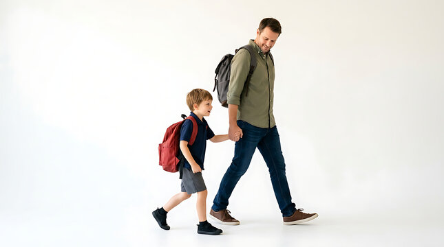 Father and son walking together holding hands with backpacks ready for school or adventure PNG Isolated on transparent background