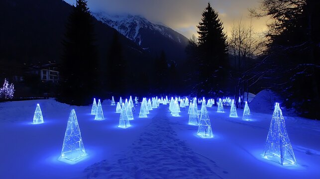 Illuminated blue trees winter landscape