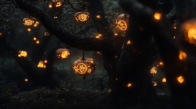 Illuminated carved pumpkins autumn decoration