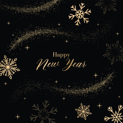 Obraz premium Happy New Year luxury vector background with gold glitter swirl and snowflake decoration on black backdrop for greeting cards, invitations and seasonal packaging