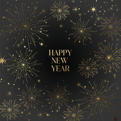 Fototapeta na wymiar Happy New Year festive vector background with allover gold fireworks on black for elegant greeting cards, invitations and celebration posters