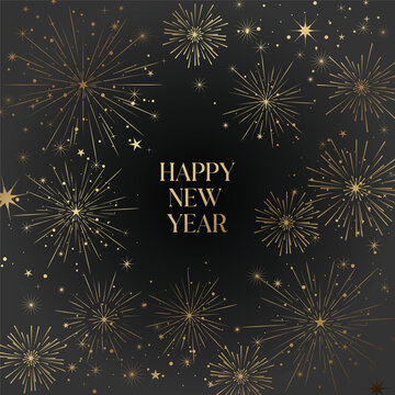 Happy New Year festive vector background with allover gold fireworks on black for elegant greeting cards, invitations and celebration posters