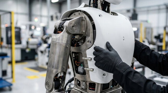 Engineer assembling advanced humanoid robot in high tech factory