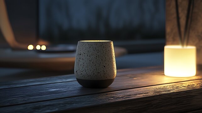 Illuminated light cream colored cup on wooden surface