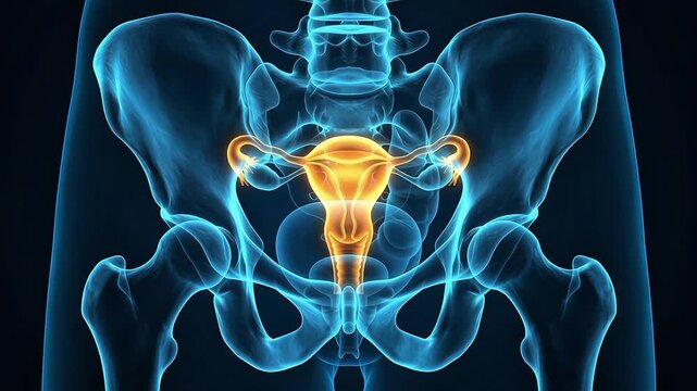 3D medical animation showing the female reproductive system with a glowing uterus within the pelvic bone structure