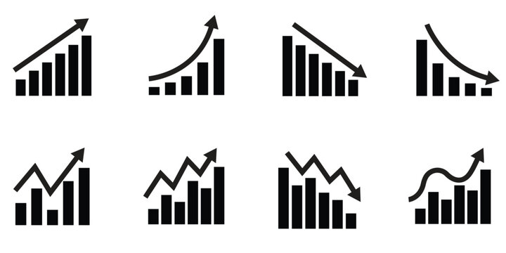Business growth and decline bar chart icons set with upward and downward trend arrows for analytics ui