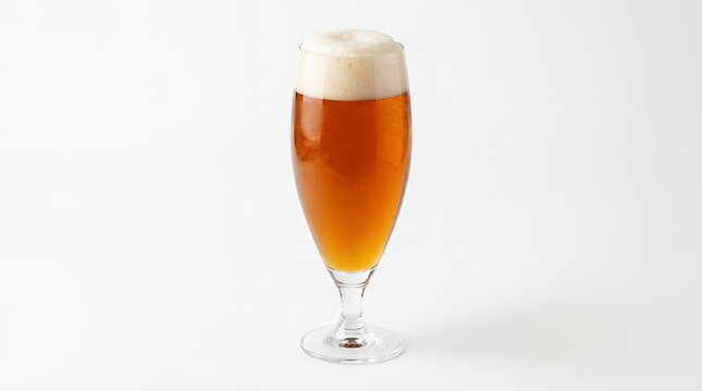 Glass of amber ale with frothy foam head isolated on white background