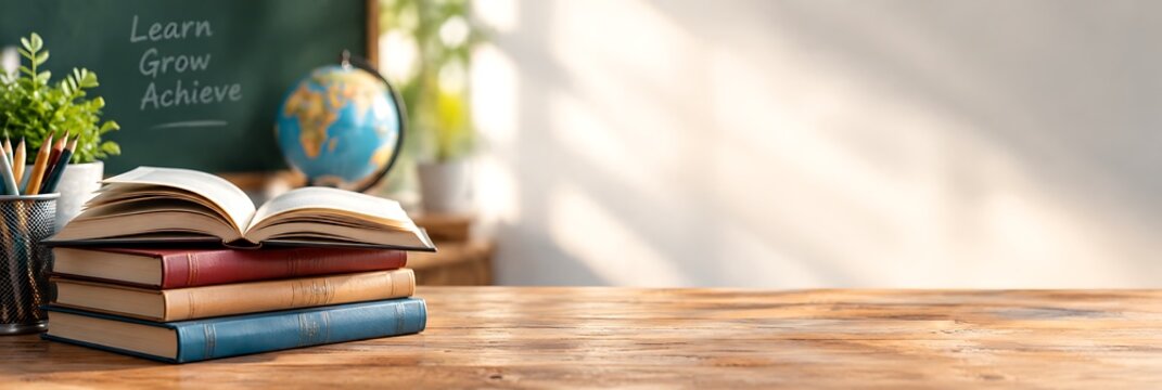Open book on a stack of textbooks on a wooden classroom desk with a chalkboard in the background and copy space