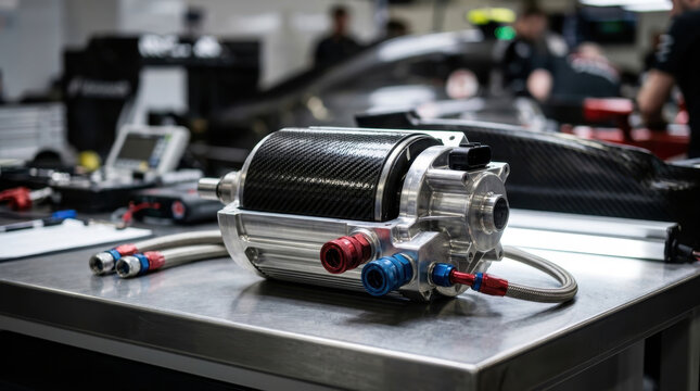 High performance electric motor component in a racing workshop