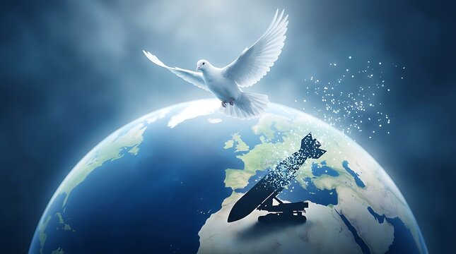 A symbolic representation of peace and war with a dove flying over a globe and a dissolving bomb.