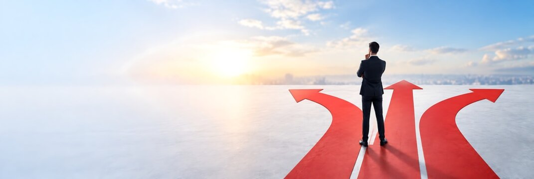 Businessman facing a crossroad with three red arrows choosing the right path for future corporate success and strategic decision making