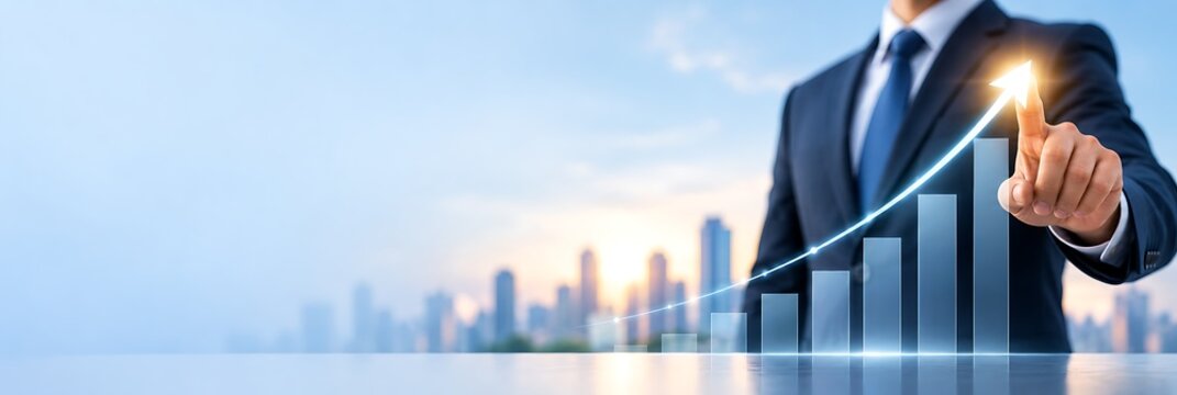Businessman touching a glowing arrow pointing up over a rising financial growth chart with city skyline background for success and investment concept.