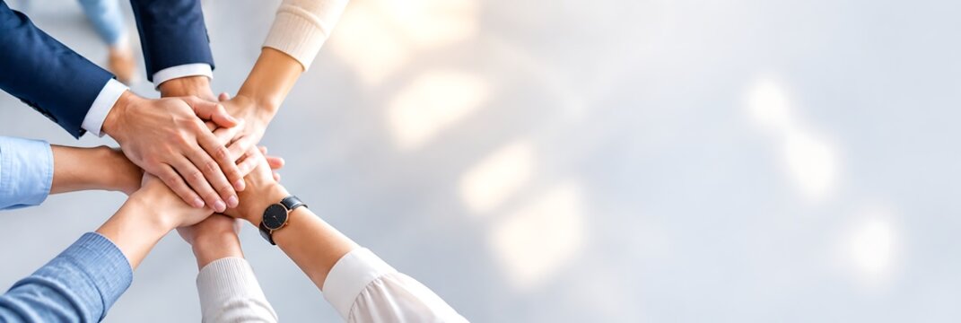 Diverse business team putting their hands together in unity, cooperation, and teamwork concept with copy space banner