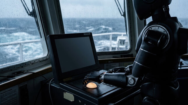 Robot operating ship controls on a vessel bridge in rough sea