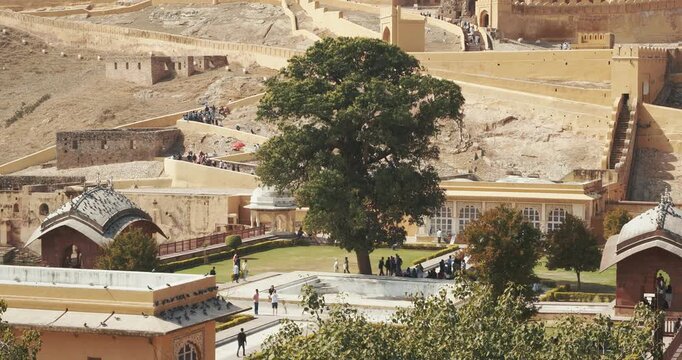 Jaipur, Rajasthan, India. Time Lapse Tourists Walk At Dil Aaram Bagh, Or Mughal Gardens 18th Century Near Amer Fort Or Amber Fort, Amer. Timelapse, Time-lapse Visit Amber Fort. Travel To India