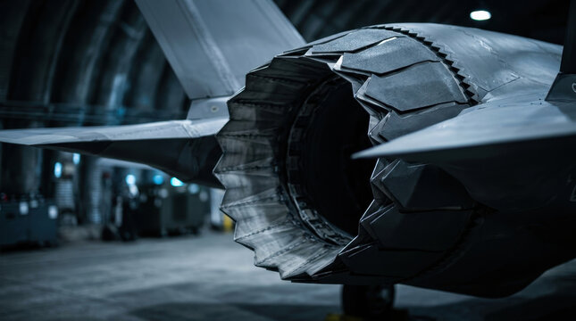 Modern military jet fighter aircraft engine exhaust nozzle close up