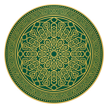 Islamic geometric mandala in green and gold, intricate arabic circular pattern, traditional middle eastern ornament for ramadan