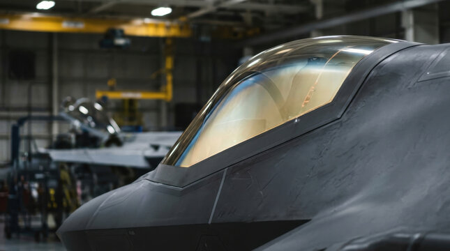 Modern fighter jet cockpit canopy in military hangar maintenance