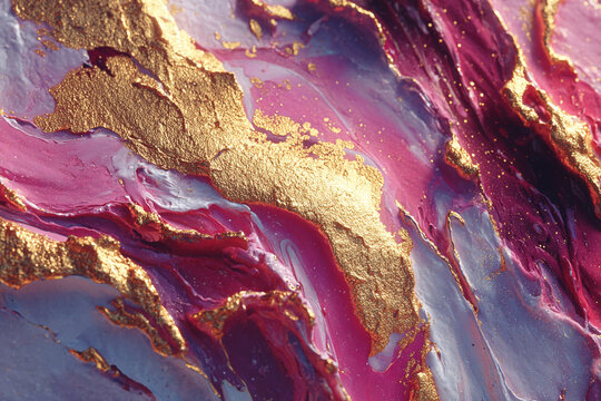 Abstract oil painting texture with deep magenta and metallic gold leaf strokes on a canvas background