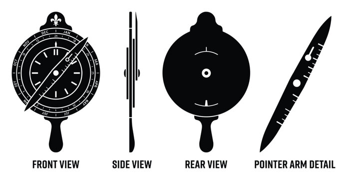 Astrolabe front side rear pointer arm detail icon vintage navigation tool for astronomy.