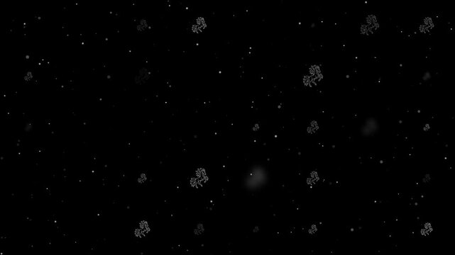 Template animation of evenly spaced fiery horse symbols of different sizes and opacity. Animation of transparency and size. Seamless looped 4k animation on black background with stars