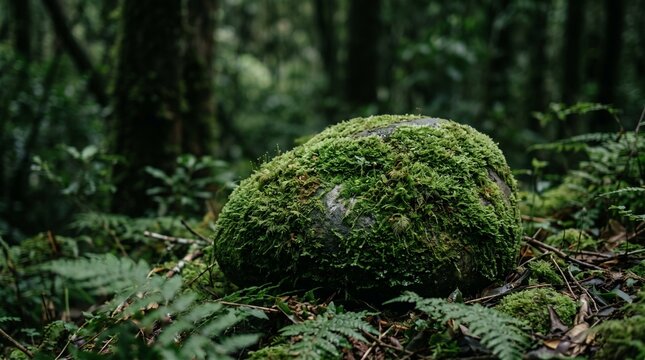 Moss stone, forest stone, mossy rock, green color, dark tone. Moss Stone, Green Moss Covering Forest Stone on Ground with Dark Moody Tone and Emerald Green Color