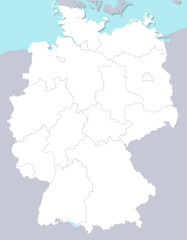 Obraz premium Blank map of Germany with 16 federal states borders and drop shadow, political vector map with surrounding land and sea