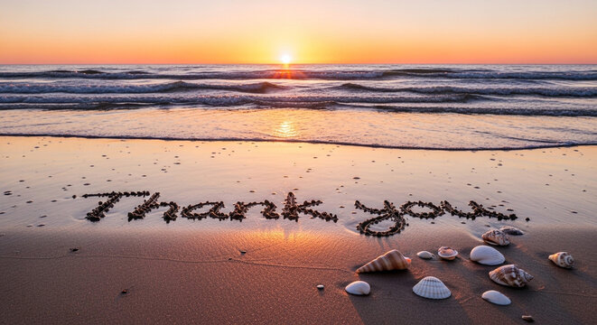 Thank you text written in the sand on a tropical beach at sunset with seashells and ocean waves