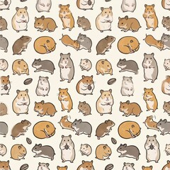 Obraz premium Cute Hamster Seamless Pattern with Adorable Rodents and Seeds
