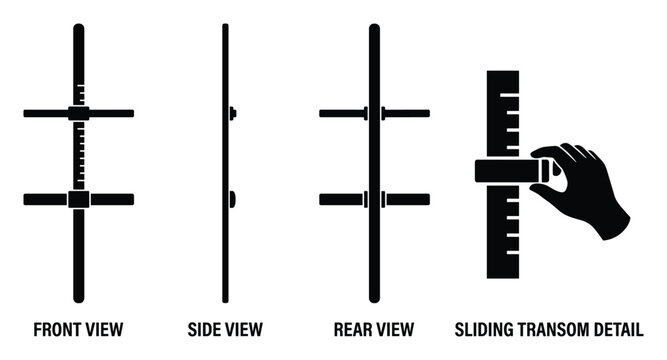 Sliding transom front side rear view and detail for windows and doors adjustment.