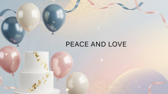 Two tier white cake with balloons and peace and love text isolated on a transparent background