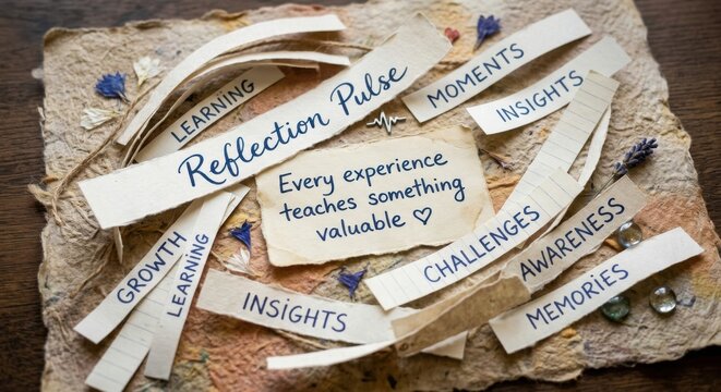 Paper strips with reflective quotes and life lessons on a textured surface
