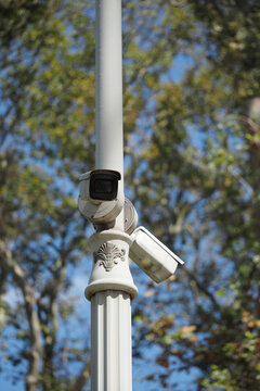 Surveillance camera installed on a decorative pole