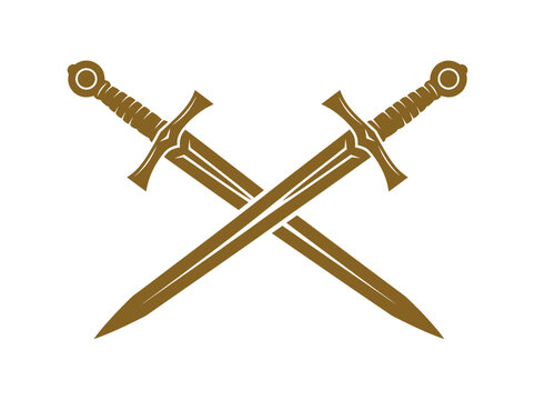 A pair of crossed golden medieval swords isolated on a white background.