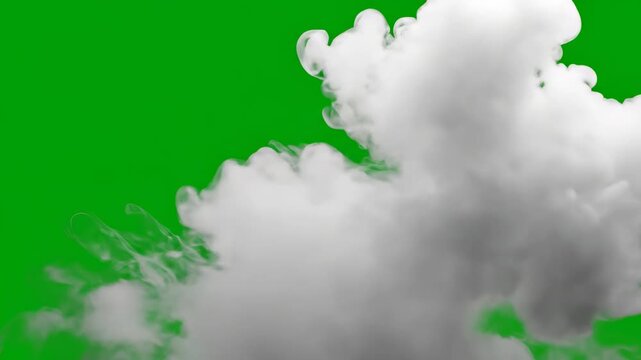 White smoke plume rises and dissipates against a vibrant green screen background rising dissipating vapor cloud steam fumes