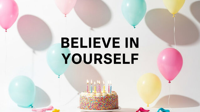 Birthday cake with lit candles and colorful balloons on a white background with inspirational text