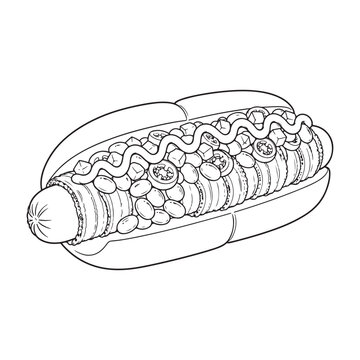 Loaded Chili Hot Dog Line Art Vector, Sausage Bun with Beans, Chili and Mustard Toppings.