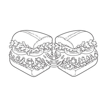 Pulled Pork Sandwich Line Art, BBQ Shredded Pork Sandwich with Coleslaw and Pickles Vector Illustration.