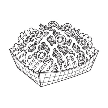 Loaded Waffle Basket Dessert Line Art Vector, Ice Cream Sundae with Chocolate Sauce and Fruit Toppings.