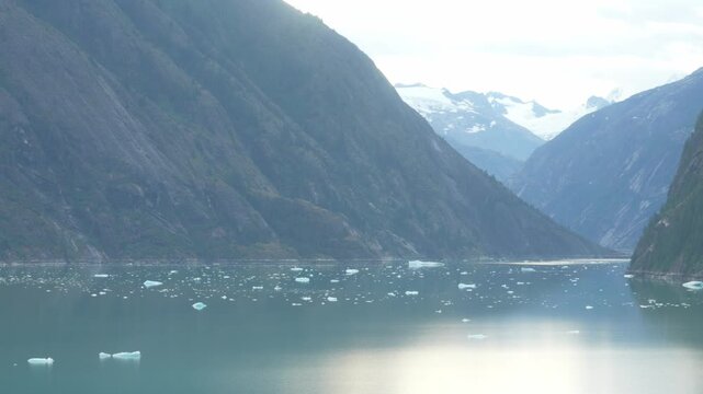 Floating ice chunks drift across a calm glacial fjord framed by steep mountains and distant snowfields in Alaska, Canada