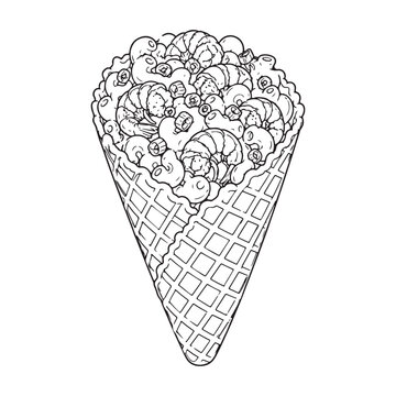 Waffle Cone Ice Cream Line Art Vector, Assorted Ice Cream Scoops with Dessert Toppings Illustration.